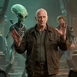 film still saul goodman defending himself against an alien. illustration, unreal engine 5, 8 k, directed by h. r. giger.