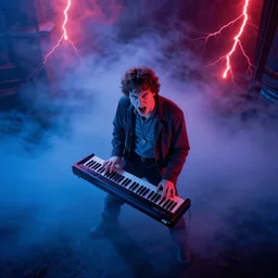 dwight schrute playing the keytar with a vengance and yelling, dramatic scene, heavy blue fog, red lightning, ultra wide angle, movie still, photorealistic, stranger things, netflix, upside - down, colorful lighting, grainy, aerial shot, shot from above, movie still
