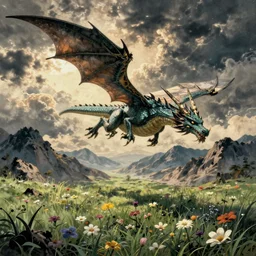 A detailed dragon flying in a land full of grass and flowers with mountains in the back, in the style of Hokusai