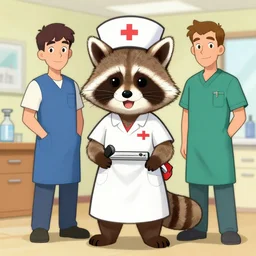 racoon as nurse, by artgerm, ilya kuvshinov and beeple,