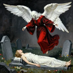 aesthetically pleasing image of the whitewinged angel of death wearing a crimson and black robe descending on the innocent in their graves cindy sherman eric ravilious