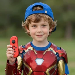 a 6 years old kid as ironman, the kid has short light brown curly hair, blue baseball cap on his head and a red nintendo switch light on one hand.