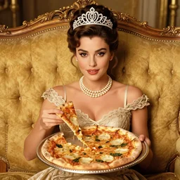 high quality photo of young sophia loren having pizza served on a silver platter, relaxed pose on antique luxury sofa, intricate ornamented tiara, opulent pearl necklace, laced dress, golden lighting, perfectly lit face, golden ratio, symmetrical details, sharp focus, burlesque photo