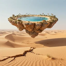 a broken landscape with floating oasis above a dune desert. Digital art, detailed, trending