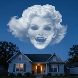 clouds shaped like a vampire womans face with an ear-to-ear mouth, pointy teeth, nightime, blue pallete, an old suburban house, 4k