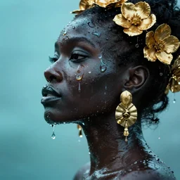 hyperrealistic precisionist cinematic profile very expressive! black oshun goddess, in water! up to shoulders, mirror dripping droplet!, gold flowers, highly detailed face, digital art masterpiece, smooth eric zener cam de leon, dramatic pearlescent turquoise light on one side, low angle uhd 8 k, shallow depth of field, fine art photography