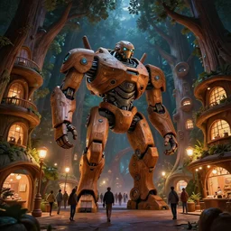 giant wooden mecha in foreground looks down crowded street between futuristic giant wooden tree trunk buildings, organic wooded shops, solarpunk, organic bioluminescent street lights, dark forest canopy understory, cinematic lighting, night time, octane render, 3 d pixar disney digital cgi rtx hdr painting, highly detailed, artstation cgsociety masterpiece, by syd mead, greg rutkowski, w
