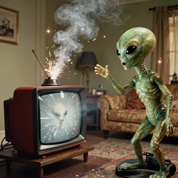 a subgenius is shocked to see an alien appear on his television in his living room. sparks and smoke come out of the television. film still from 1 9 5 0 s sci - fi