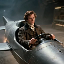 film still from a sci fi movie made in 2022, set in 1860, of a man sitting in the cockpit of a fast spaceship, wearing 1860s era clothes, cinematic lighting, 4k, sharp focus, detailed