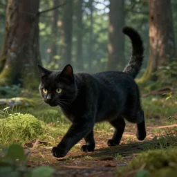 of black cat walking in the woods in unreal engine style