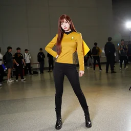 nayeon cosplaying a starfleet officer at dragoncon, wide angle, flash photography, full resolution, 3 5 mm, f / 2. 8