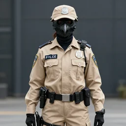 police female plague doctor, special operative, dons a desert police uniform and a plague crow mask, long sleeves, turtleneck, trending on artstation