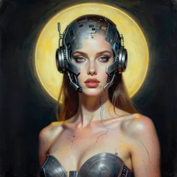 portrait of sexy beautiful woman with aureola by pantokrator, head made of mech mask rendered in unreal engine, cyberpunk, rave by andy warchol, scifi nanowires on skin, painted by andrew wyeth | angus mckie | anton fadeev