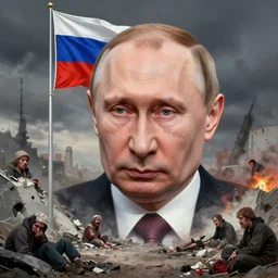 vladimir putin, after nuclear war, russia flag pole, beggars in russia hungry scary bums and devastation, by donato giancola and greg rutkowski and wayne barlow and zdzisław beksinski, realistic face, digital art