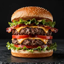 most delicious hamburger ever created, very tall with layers of meat tomato lettuce cheese and bacon, professional food photography on black background, trending on instagram