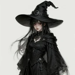 portrait of a young witch in black robes, intricate, gloomy, highly detailed, digital painting, illustration, artbook scan, concept art for a bravely default video game
