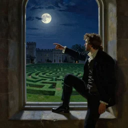 medium shot, cinematic, view from the castle window of the green grass maze, labyrinth, stone window sill, enhancements, moon light, moonlit, night, by john ward, by levitan, by arthur walker, oil on canvas, acrylic, royal academy, masterpiece, trending on artstation, cinematic composition, dramatic pose, beautiful lighting, sharp, details, hyper - detailed, hd