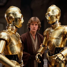 film still of young alec guiness as a jedi in new star wars movie, he is talking to a golden droid, dramatic lighting, highley detailled face, kodak film, wide angle shot, photorealistic