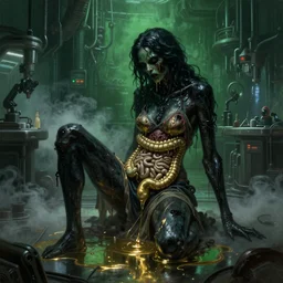 dark green steamy hi-tech sci-fi lab at night, realistic gustave coubert painting of hideous and sick black onyx skin woman dressed in rags exposed guts crawling in two legs and dripping golden metalic fluid from intestine into a puddle of golden liquid on the floor. Smokey atmosphere