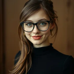 a portrait photograph of a nerdy young woman with big glasses and a black dress, dof, sharp focus, slight smile, highly detailed face, symmetric face, realistic iris, cinestill 8 0 0 t, photography by paolo roversi