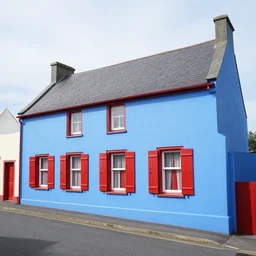 a creole blue building with red shutters next to a street in reunion island, a colorized photo by charles le roux, featured on polycount, quito school, lomo, 1 9 7 0 s, 1 9 9 0 s