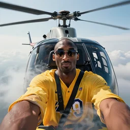 selfie of kobe bryant in a helicopter, smoke around him, 8k resolution, hyper detailed, shot in the air