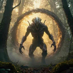 photograph of an unknown menacing nightmarish hellish alien creature entering through interdimensional vortex appearing in the middle of a forest fog, rain, volumetric lighting, beautiful, golden hour, sharp focus, ultra detailed, cgsociety