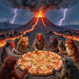 masked!! creatures!! grabbing!! for a large pizza!!!. in the background is a volcano spewing lava and black smoke, streams of glowing hot lava, flashes of lightning in the distance. wide angle, long shot, a painting by joe fenton, deviantart, pop surrealism