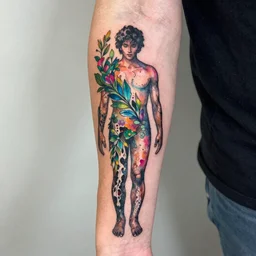 tattoo of a man's body decomposing and sprouting beautiful vines and flowers, vibrant watercolor neon tattoo, tattoo on forearm