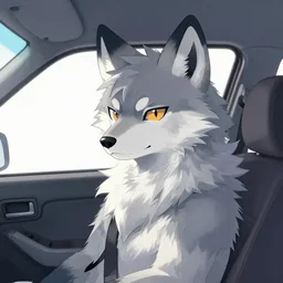 a cool wolf fursona, visual noise, in a car