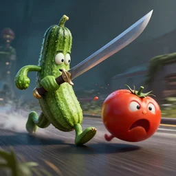detailed 3 d render of a mad zucchini with a long sword chasing after a panicking tomato, hyper realistic octane render, dramatic lighting, high speed chase, wide angle, nightmare, adult pixar surrealism