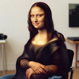 fashion model casual photograph of a woman sitting in a studio room pensively, with the poise and appearance of the ( ( ( ( ( ( ( ( mona lisa ) ) ) ) ) ) ) ), taken in 2 0 1 9 with a digital camera, full color, head shot