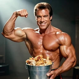 kenny rogers as a ripped bodybuilder flexing muscles with bucket of chicken, light rays, cinematic lighting, handsome, glistening