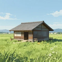 Japanese house in the middle of low grass field at sunny day, trending on artstation,