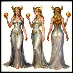 character design turnaround!!! sheet, color concept art, front side back multiview, eris greek goddess of chaos holding gold apple by artgerm, wlop, greg rutowski, mark ryden