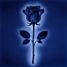 single long stem rose super zoomed out x-ray silloutte out on dark sapphire blue background, grainy vintage