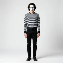 fierce mime in striped shirt, photorealistic portrait photography, full body, standing, isolated on a pure white background, centered, whole figure in frame, sharp focus, studio lighting