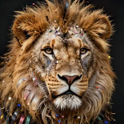 closup portrait of lion head, lion fur made from ribbons and party confetti , concept art, huge scale, high detail, sci fi by Pablo Picasso and Dali