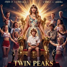 twin peaks movie poster art of taylor swift standing next to young boy sitting in throne, cheerleader sacrificed to moloch in a ritual, by artgerm, leyendecker, wlop, katherine lam, peter mohrbacher, michael whelan, tomer hanuka, godward, gustav moreau, saturno butto, boris vallejo, david kassan