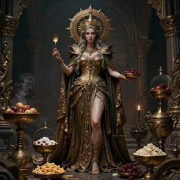 a full body portrait of a goddess of feast and famine, ominous, cinematic shot, realistic, photography, fantasy, ornate, intricate detail, finely detailed, photorealistic, epic, high definition, 8 k, midjourney, deviantart, ( ( irwin penn ) )