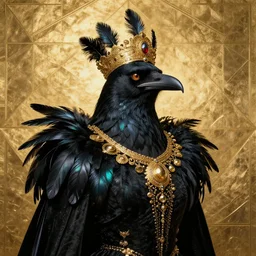 a breathtaking portrait of a fierce proud queen of ravens, in a black dress with a collar made of iridescent feathers and golden adornments, geometrical background, gold foil, intricate details, by soey milk and amir ershadi and anja millen