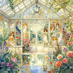 a beautifull intricate watercolor painting of greenhouse with flowers, reflexions, verry high details, colorfull, by william turner art, by greg rutkowski, by alphonse mucha, by james jean, by rossdraws, by frank franzzeta, by sakimichan, trending on artstation, very very detailed, masterpiece,