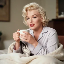 a photo of Marilyn Monroe in comfy modern pajamas snuggled up with a blanket and mug of hot chocolate after having a nice uneventful day