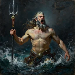 portrait of proud and screaming Poseidon rising from the ocean, ready to fight with trident, oil painting, dark colors, sinister atmosphere