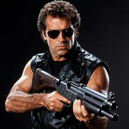 adriano celentano as terminator, terminator 2 movie, scene with machine gun, wallpaper, poster, screenshot, high detail, best scan, photorealistic, 9 0 s