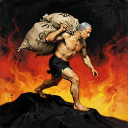 Benjamin Netanyahu depicted as Sisyphus, carrying sacks of money up a black mountain in hell, dark sky, black red orange yellow color palette, by Franz Stuck