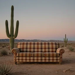 a plaid couch sitting alone in a western desert at dusk, cactus adjacent, lowbrow, matte painting, highly detailed, in the style of robert williams