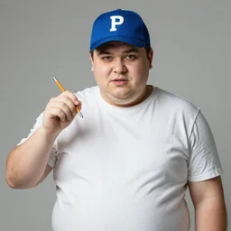 very obese man with a t-shirt and blue cap with the letter P, holding a pencil