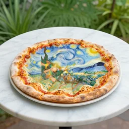 A magaritha pizza on a marble table in a garden, painted by Van Gogh