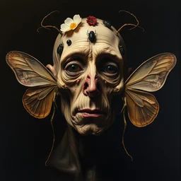 refined gorgeous blended oil painting with black background by christian rex van minnen rachel ruysch dali todd schorr of a chiaroscuro portrait of an extremely bizarre disturbing mutated man made of still life flowers and rubber insects with shiny skin acne dutch golden age vanitas intense chiaroscuro cast shadows obscuring features dramatic lighting perfect symmetry perfect composition masterpiece